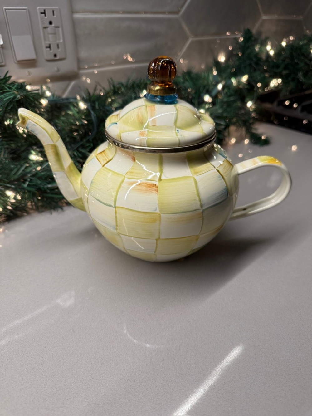 Mackenzie Childs 4 cup tea pot - green check NWT
